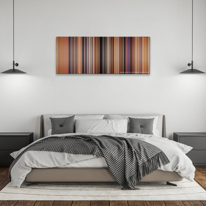 There's Something About Mary color palette canvas above a bed, between two black pendant lamps