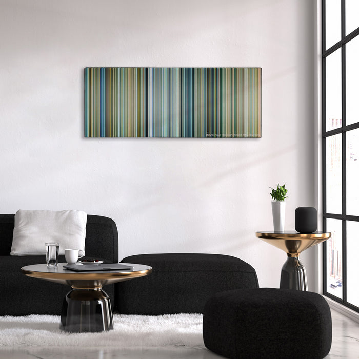Transformers: Age of Extinction color palette canvas above a black sofa with a gold-topped table