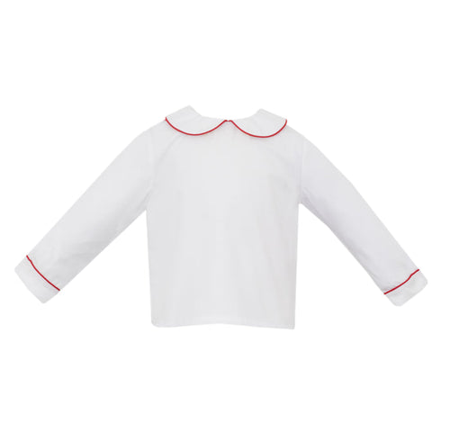 White Woven LS Peter Pan Shirt with Red Piping