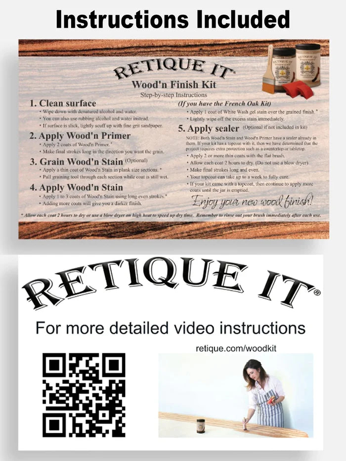 Retique It Wood'n Cabinet Kit Java stain with instructions, featuring 24 grained cabinet doors for a stylish wood finish.