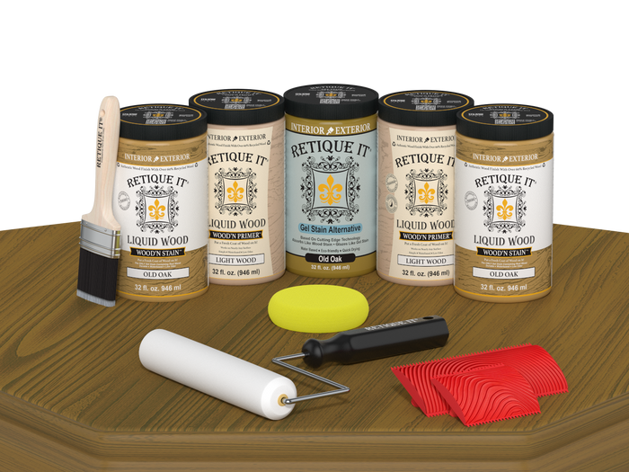 Retique It Wood'n Cabinet Kit in Old Oak stain with 24 grained cabinet doors on table display.