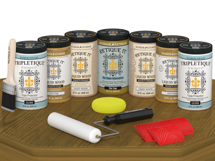 Retique It Wood'n Cabinet Kit in Old Oak stain, showing glossy finish on a cabinet door with wood grain texture.
