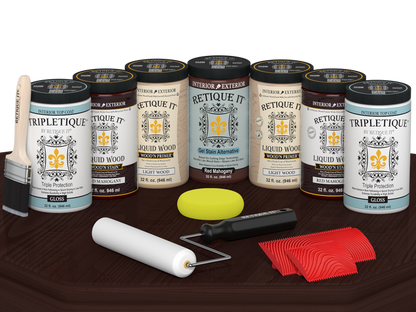 Retique It Wood'n Cabinet Kit with 24 red mahogany stained cabinet doors, glossy finish, displayed on a table.