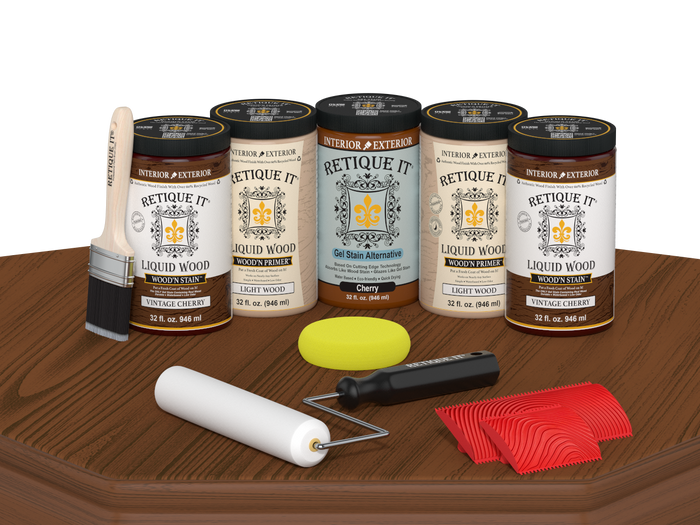 Retique It Wood'n Cabinet Kit with vintage cherry stain, 24 grained cabinet doors, showcasing wood grain details on a table.