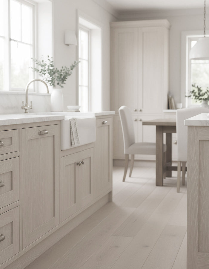 Retique It Wood'n Cabinet Kit with 24 grained white wash stain for a rustic, painted wood kitchen cabinet appearance.