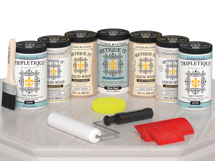Retique It Wood'n Cabinet Kit with white wash stain showing 24 grained cabinet doors in a satin finish on a table.