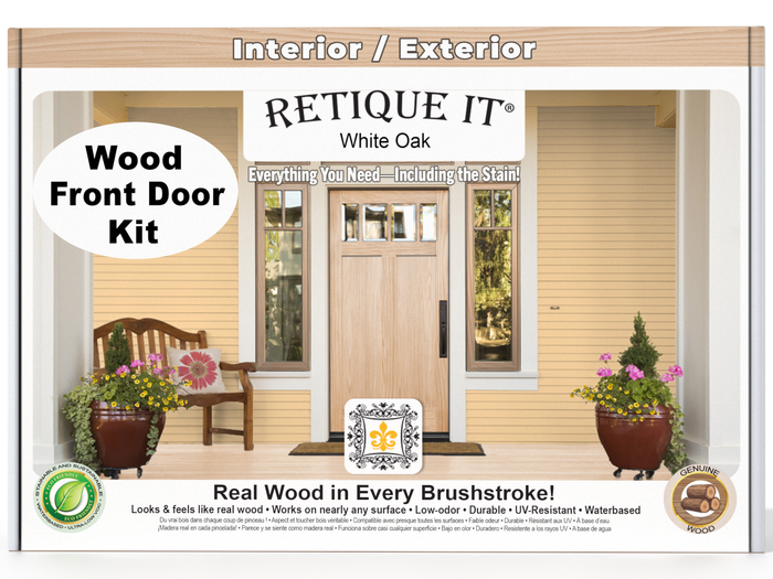 Retique It Wood'n Finish White Oak front door kit with stain, featuring a white oak door and hardware for a stylish entrance.