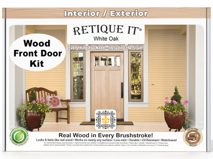 Retique It Wood'n Finish White Oak front door kit with stain, featuring a white oak door and hardware for a stylish entrance.