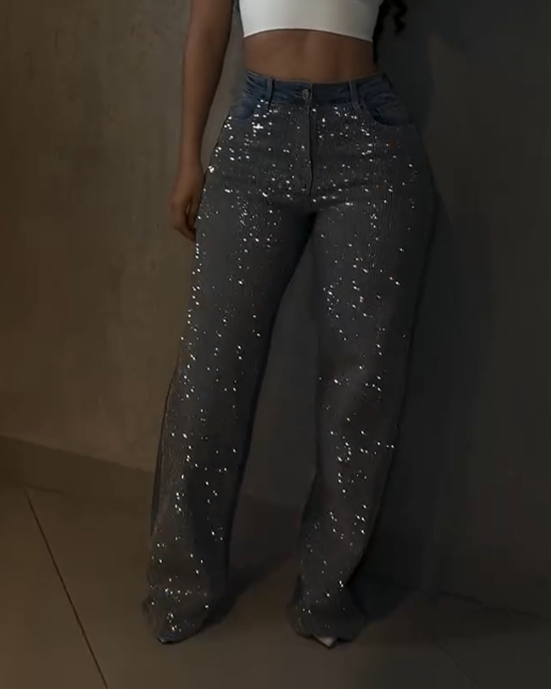 Diamond-Studded Straight-Leg Jeans (Pre-Sale)