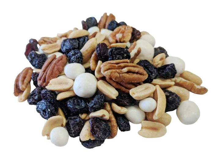 Yogi Nut Trail Mix  includes: flame raisins, dry roasted no salt peanut halves, yogurt raisins, yogurt peanuts, and raw pecan halves