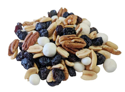 Yogi Nut Trail Mix  includes: flame raisins, dry roasted no salt peanut halves, yogurt raisins, yogurt peanuts, and raw pecan halves