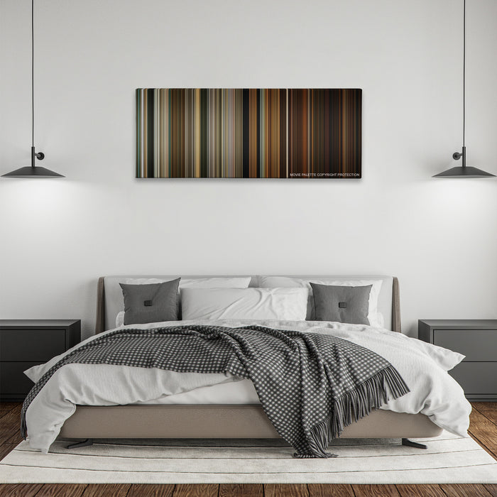 Zombieland color palette canvas above a bed, between two black pendant lamps